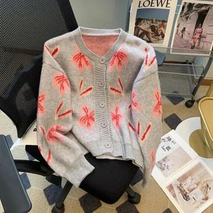 Kvinnors stickor Vinterkoreansk långärmad tryck Cardigan toppar avslappnad o-hals enkel knapp tröja jacka vintage blommor cardigans sueter