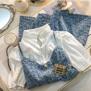 Womens 2 Piece Denim Dress Sets For Women White Short Sleeve TopsBlue Strap Casual Korean Style Chic Suit Summer 240412