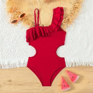 Women's Swimwear Retro Red Color Teenage Girls Swimsuit One Piece 5-14 Year Kids Ruffled Beachwear