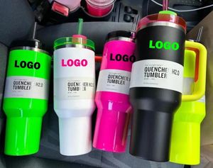 DHL New Electric Neon White Black Yellow Pink With 1:1 Logo Quencher H2.0 40oz Stainless Steel Tumblers Cups with handle Lid And Straw Car mugs Pink Water Bottles 0412