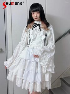 Casual klänningar japansk stil söt cool rufsa spets puffy midi 2024 vår och sommar lolita hängande tårta klänning för kvinnor