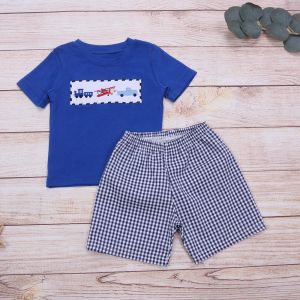 Shorts 2pcs Baby Girls Clothes Pure Cotton Outfits Car Series Embroidery Blue Top And Black And White Plaid Shorts