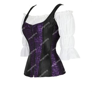 Woman Corset with Blouse Flower Lace Up Corsets Zipper Shoulder Strap Bustier Overbust Costumes Sexy Style Brocade Goth Outfit