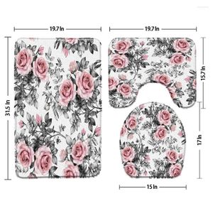 Badmattor rosa rosblommor grå badrum set fjäder blommor växter tryck dekor golvmatta u-formad pad toalettstolskydd
