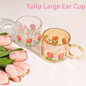 Kieliszki do wina urocze szklane kubek kubek tulipan duży ucha latte kubek oporny na ciepło przezroczysty sok z mleka wodnego twórczy para
