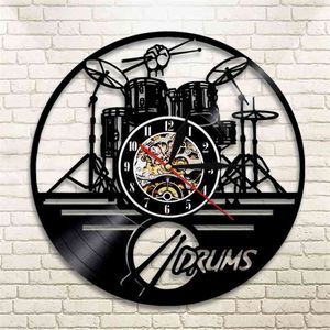 Drums de guitarra Conjunto de silhueta LED LUZ DE BENÇÃO RELOJ Música Moderna Vinil Relógio 3D Relógio de parede Horloge Band Membro Fan Handmade Gift 21040217T