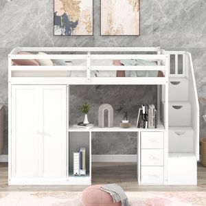 DWIN-Größe Dachbodenbett mit Garderobe und Aufbewahrungstreppe, eingebaute Schreibtisch-Lagerschubladenschrank in 1, Loftbett für Kinder Schlafzimmer