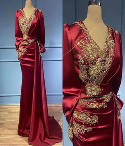 Dark Red Mermaid Prom Evening Dresses Sexy Long Sleeved Beaded Deep V Neck Formal Patry Mother Of Bride Gown BC129083354853