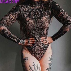 Women's Jumpsuits Rompers Gothic Print Naked S Through Bodycon Jumpsuits Y2K Lace Mesh Long Slve Slim Bodysuits Women Summer T-Shirts Tops Strtwear T240415