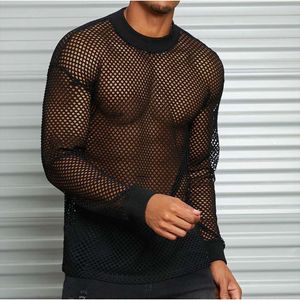 Men's Mesh Long Sleeved Drop Shoulder Perspective T-shirt, Fitness Breathable Mesh Hollow Bottom Shirt, Trendy Men's T-shirt