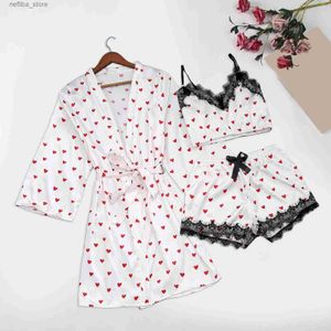 Sexy Pyjamas 3pcs WomenS Sleepwear y Satin Pajama Set White Lace V-Neck Pyjamas Sleeveless Cute Cami Top And Shorts Lingerie Underwear L410