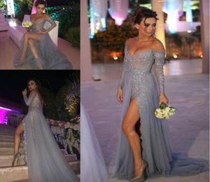 Seksowne Tiulle Prom Split Side Evening Suknie Offthshoulder Długie rękawy z koralikami 2019 Dwuczęściowe sukienki koronkowe Odłączona pociąg 6194822