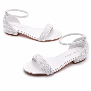 Casual Shoes Pearl Sandals grunt mun riband kvinnlig sko spänne band stor storlek flickor mode beige låg stor komfort gummi skandaler silke