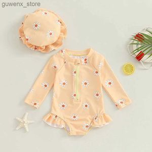 One-Pieces Baby Girls Swimsuit Long Sleeve Flower Print Zipped Bikini with Hat Newborn Swimwear for Summer Bathing Y240412