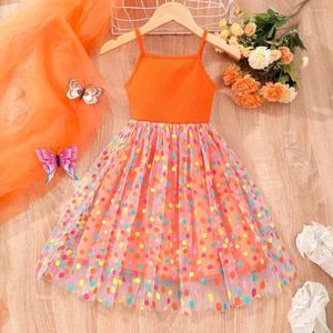 Vestidos de menina Polca Dot Mesh Slip Dress Crianças Roupas 3 4 5 6 7 anos de verão estilo coreano casual moda fofa laranja laranja