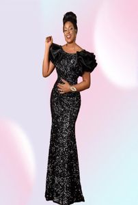 Black Sequins Mermaid Prom Party Dresses For Arabic Aso Ebi Style 2022 Off Shoulder Plus Size Sweep Train Evening Occasion Gowns V6303026