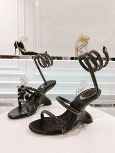 Designer opposite sex snake wrapped sandals with sloping heels, summer exquisite high heels, temperament, socialite new women's shoes