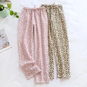Byxor 2023 Spring and Summer New Ladies Pants 100% Cotton Crepe Leopard Print Pamas Sweatabsorbent Breattable Home Pants Byxor