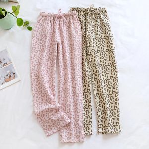 Calças 2023 Primavera e verão Novas Pontas de mulheres 100% algodão Crepe leopardo Pamas pamas Sweatabsorbent Calça de calça respirável respirável