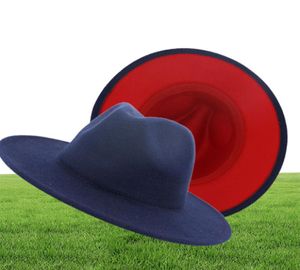 Brytyjski styl granatowy czerwony patchwork Feel Jazz Hat Cap Men Women Flat Brim Wool Blend Fedora Hats Panama Trilby Vintage Hat5263900