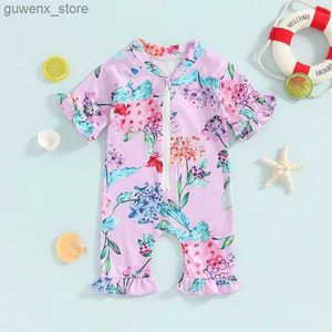 Endelar 0-18m Baby Girls Rash Guard Swimsuit Rompers Half Sleeve Floral Print Ruffles Zipper Spädbarn Baddräkt Badkläder Y240412