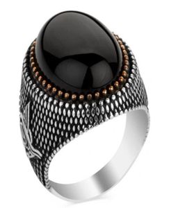 Handgefertigter türkischer Schmuck Vintage Obsidian Ringe für Männer Frauen alte silberne Farbe Schwarz Zirkon Gold Farbperlen Muslim 7571668