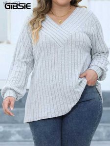 Women's T-Shirt GIBSIE Plus Size Long Sleeve T Shirts for Women Spring Fall Fashion V Neck Solid Ribbed Knit Casual Tee Tops Female 2023 ClothesL2403