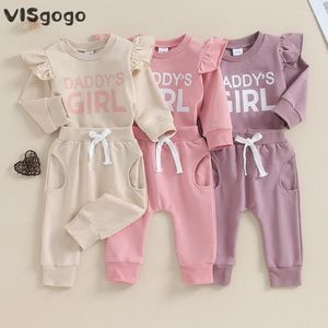 Kläderuppsättningar Visgogo 2st Baby Girls Clothes Outfit Letters Tryck på långärmad besättning Nacke Sweatshirt med elastiska midja Sweatpants Fall