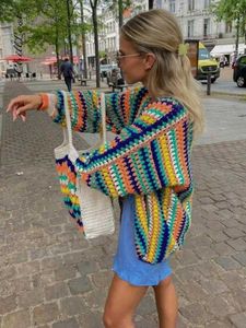 Womens Knits Colorful Crochet Striped Knit Cardigans Women Sweater 2024 Fall Vintage Loose Long Female Cardigan Casual Y2k