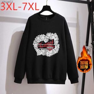 Kvinnors t-shirt ny höst vinter plus size kvinnor kläder pullover stor långärmhet svart tryck sammet tjock varm t-shirt 3xl 4xl 5xl 6xl 7xll2403