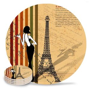 Table Mats Eiffel Tower Woman Retro Style Round Coffee Kitchen Accessories Absorbent Ceramic Coasters