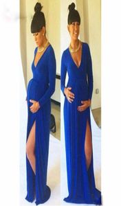 Abiti da sera di maternità blu reale 2019 Abito da ballo a maniche lunghe a V Deep V -Slitte per donne in gravidanza