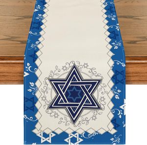 Hanukkah Linen bordslöpare semesterfest bordsdekor tvättbar judisk menorah chanukah matbord löpare festdekorationer