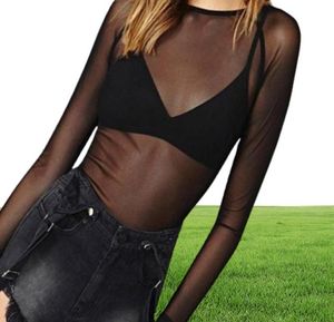 Женская футболка Seethrough Sheer сетка с длинным рукавом Top Top Top Wear Purspection Pullover Black Sexy Girl Clothing2242251
