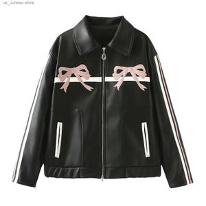 Women's Jackets New womens swt cool bow retro black leather jacket to show off your sexy figure T240412