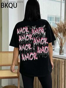 Damen T-Shirt Bkqu-Buchstaben gedruckt lose T-Shirts für Frauen 2024 Fashion Hohllout Kurzer Slve Übergroße amerikanische TS-Shirt Runde Hals Tops T240412