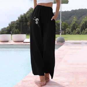 Women's Pants Women Dandelion Print Drawstring Elastic Casual Wide Leg Trousers 2024 Summer Flower Feamle