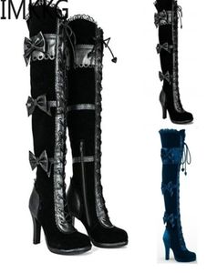 Mode kvinnor klassiska gotiska stövlar cosplay svart vegan läder knä höga bågar punk stövlar kvinnliga 20111032654709336085