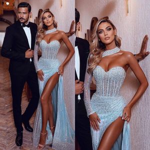 Light blue crystal Mermaid Evening Dresses elegant halter one sleeve Beaded Prom dress thigh split formal dresses for women