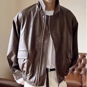 Leather PU Jackets for Men Women Baggy Streetwear Y2k Clothes Zip Up Embroidery Coats Vintage Spring All-match American Retro