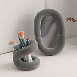 Suede Ceramic Mirror toalettbord geometriskt lyxigt sovrum skrivbord makeup hållare spegel dekorativ smycken heminredning