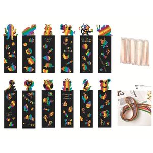 12 Pcs Animal Bookmarks Scratch Drawing Paper Diy Magical Scratch Art Kids Painting Book Creative Card Educational Toy with Tool