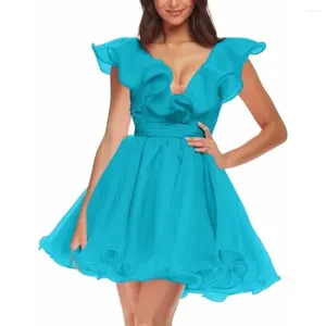 パーティードレスWakuta Ruffle HomeComing Dress A-Line Tulle Short Prom v Neck Mini Cocktail for Teens Vestidos Elegantes Para Mujer