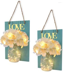 Flores decorativas Conjunto de 2 frascos de pedreiro com decoração rústica de decoração de casa aranda de madeira hidrangea luzes de fada lideradas