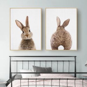 Gri tavşan ön ve arka fotoğraf duvar sanat sevimli hayvan poster tuval boyama kreş çocuk odası dekoratif resim