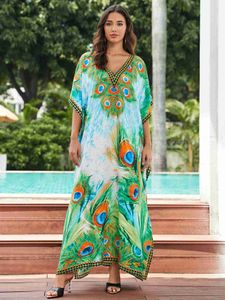 Urban Sexy Dresses Grn Plust Printed Sexy v Dritic Kaftan Dress for Women 2024 Summer Casual Batwing Slve Beachwear plus size cover up Q1594 T240412