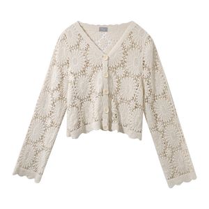 Cardigan Hollow Out Style Francês Cardigan Casaco Fino Branco Flor Florwear Casual Floral Knitt