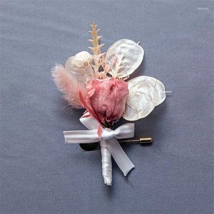 Decorative Flowers 2Pcs Boutonniere Wrist Corsage Set Preserved Roses Men Women Wristband Real Dried Flower Mini Bouquet Decor