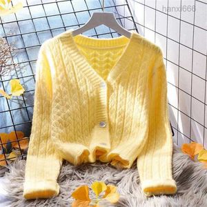 Damen Strick gelber geschnittener Pullover loser Außenwand 2024 Koreanisch All-Matching Western Style Strick-Strickjacke