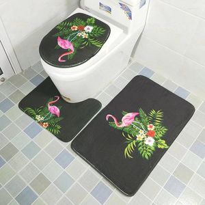 Bath Mats 3PCS Flamingo Toilet Seat Cover Set Absorbent Non-Slip Bathroom Rug Mat Flannel Floor